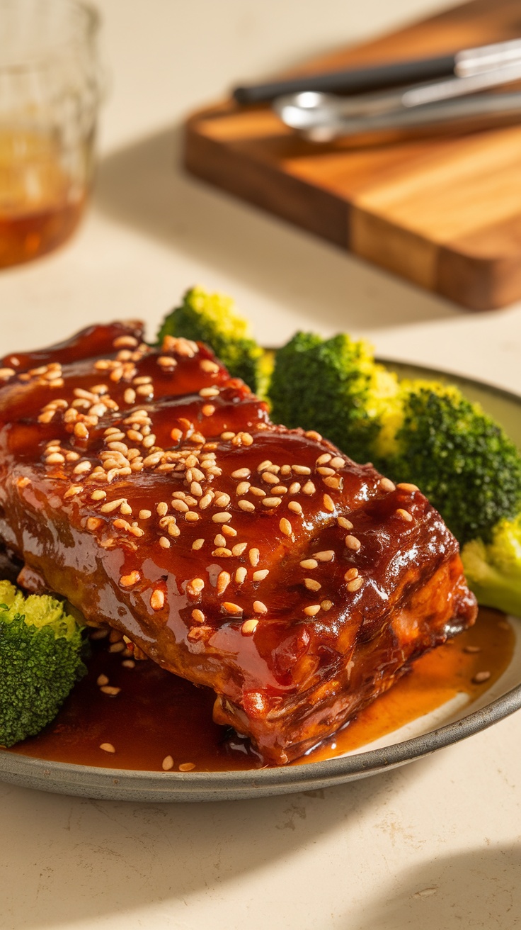 Honey garlic crockpot short ribs served with broccoli