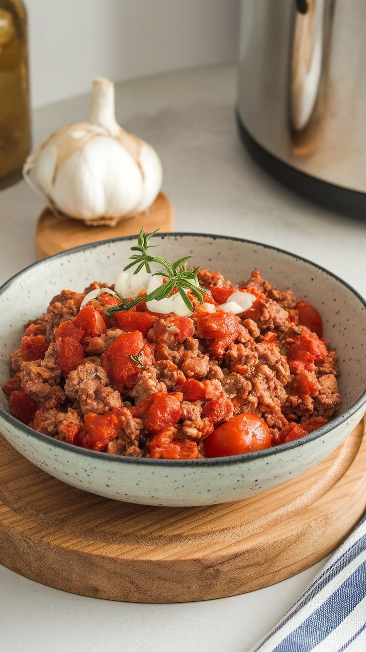 A bowl of Italian ground beef with tomatoes, garnished with herbs, alongside garlic and a wooden board.