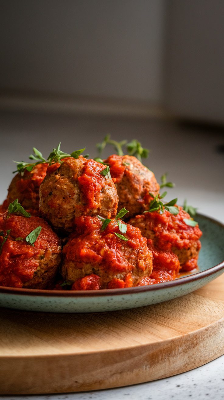 A plate of keto crockpot meatballs topped with sauce and herbs.