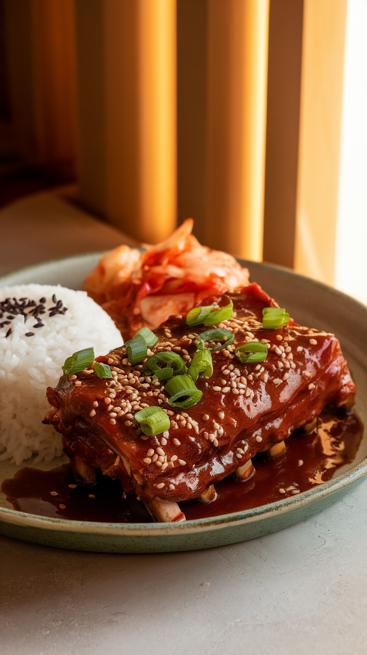 Korean BBQ style crockpot short ribs served with rice and kimchi.