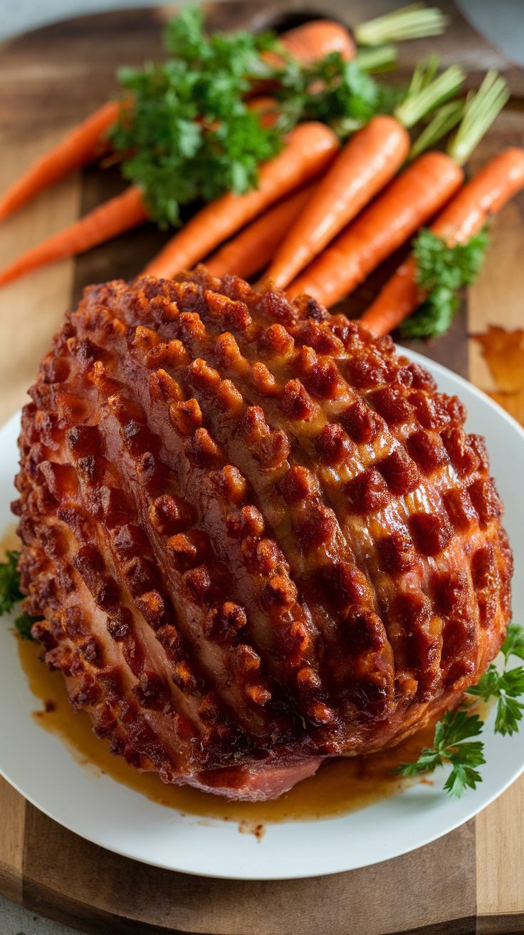 A beautifully glazed Maple Brown Sugar Crockpot Ham with fresh carrots in the background.