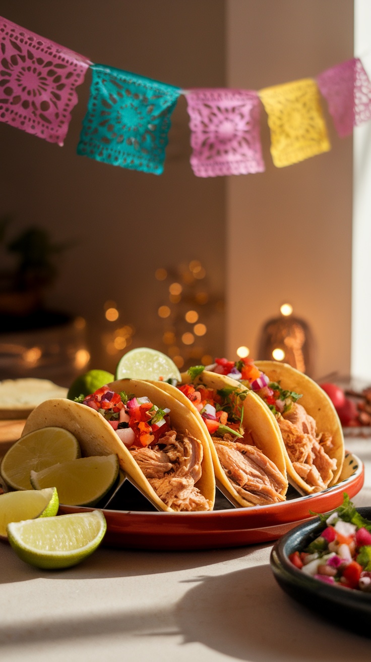 Three delicious chicken tacos with lime and fresh toppings, decorated with colorful papel picado.