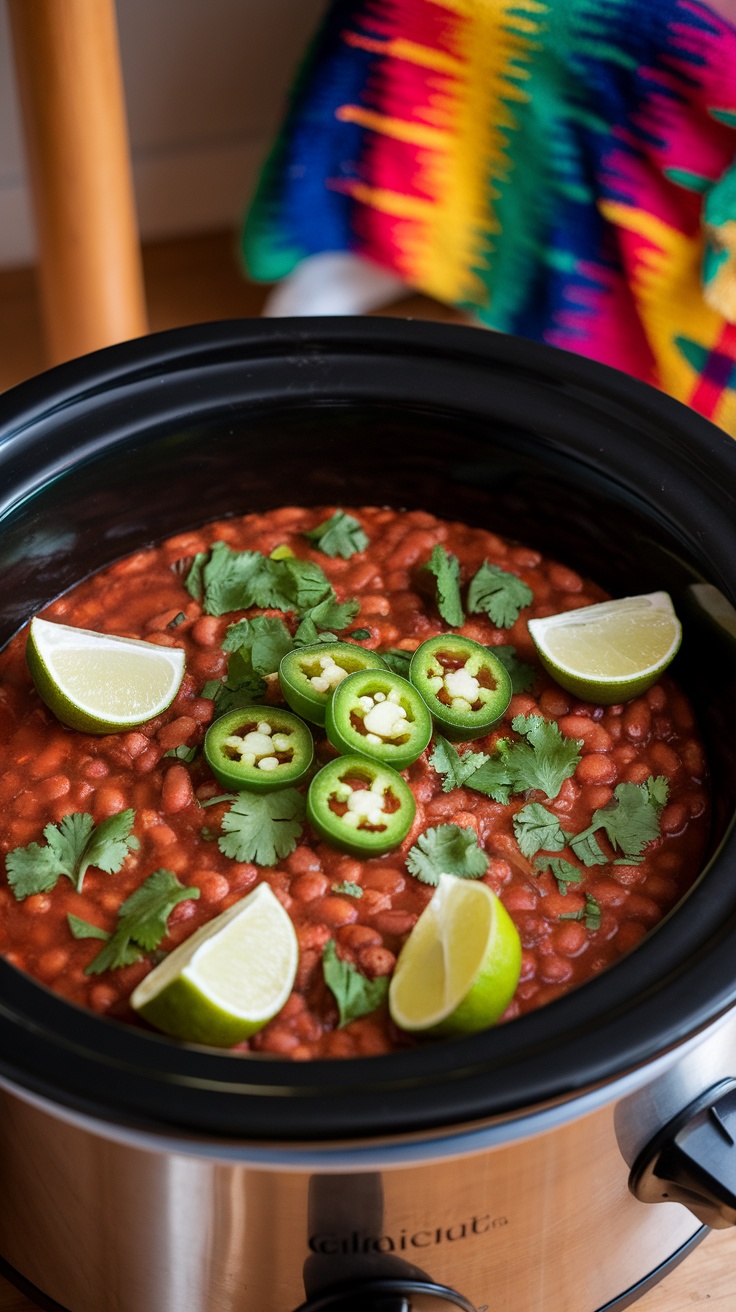 A bowl of Mexican-style crockpot pinto beans topped with jalapeño slices, cilantro, and lime wedges, with a colorful blanket in the background.