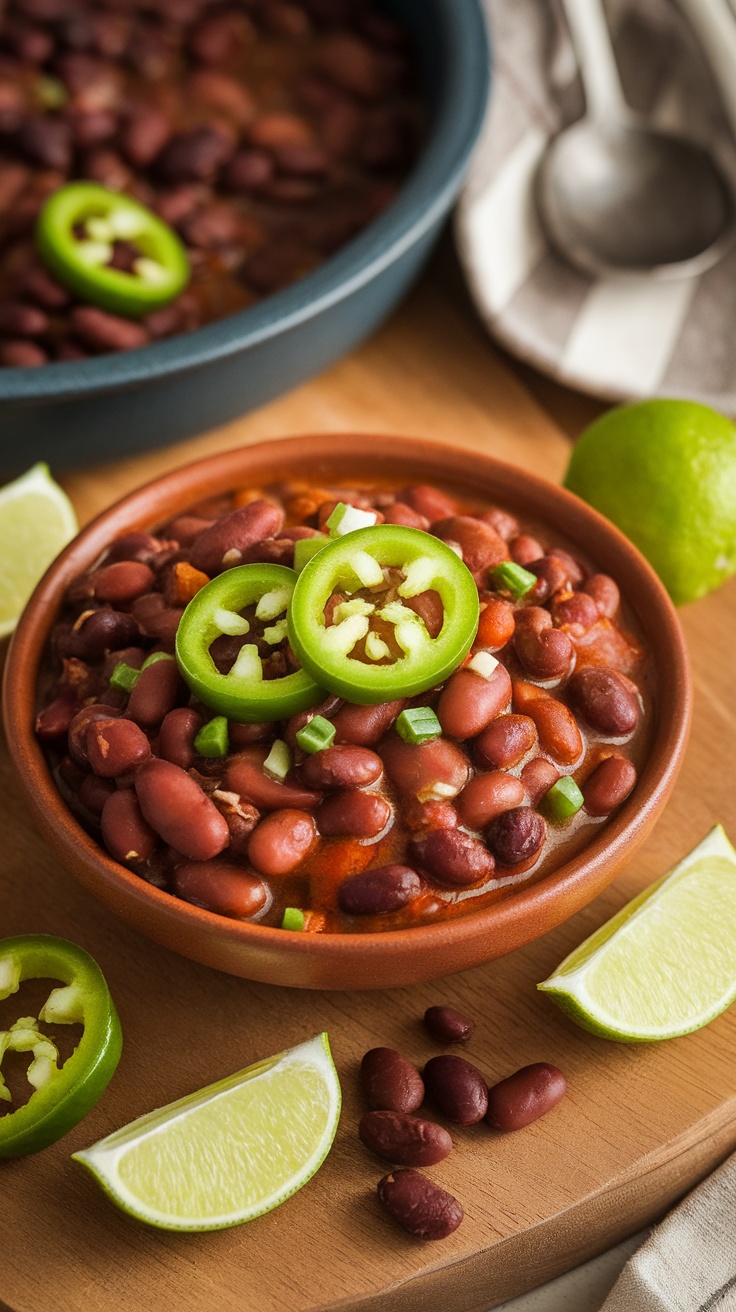 Bowl of Mexican-style pinto beans topped with jalapeños and served with lime wedges