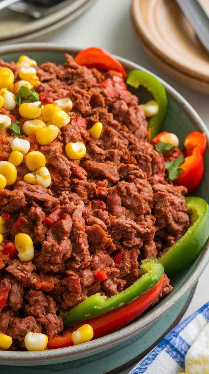 A bowl of Mexican ground beef with bell peppers and corn