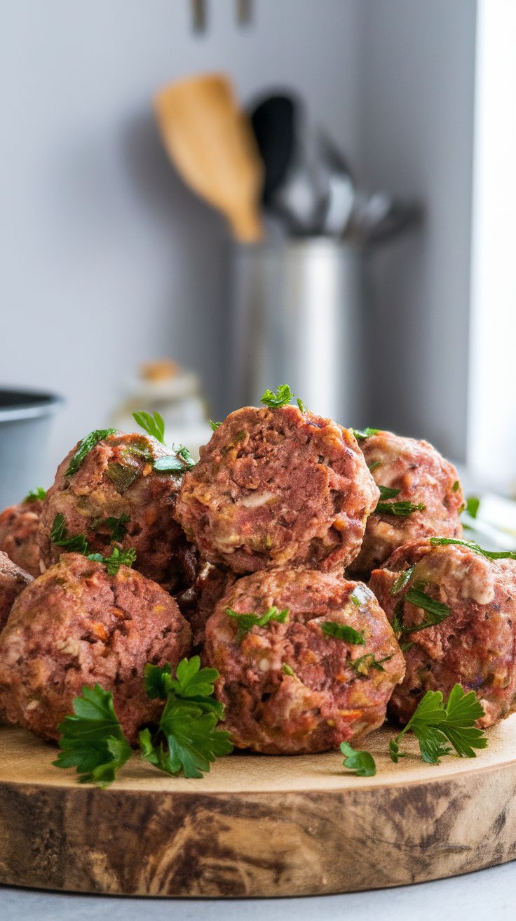 A close-up of Mississippi Crockpot Meatballs arranged on a wooden board, garnished with parsley.