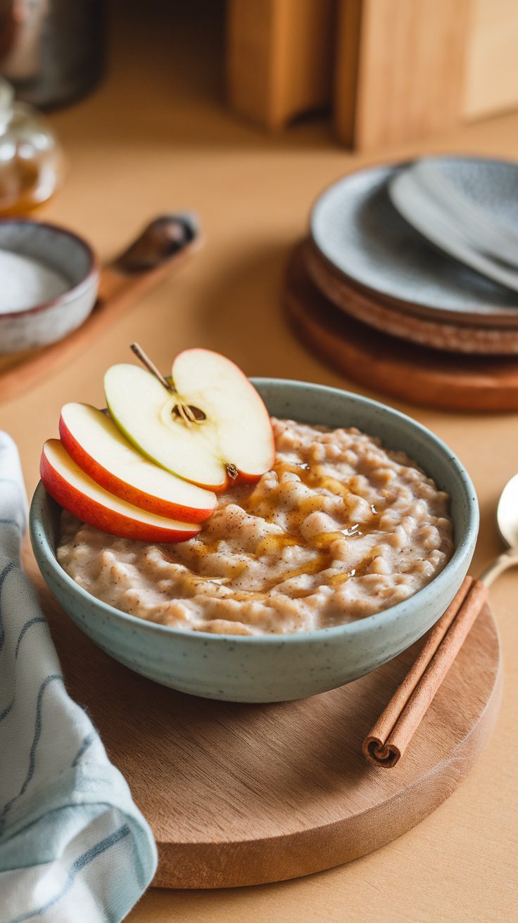 Bowl of apple cinnamon oatmeal topped with apple slices and cinnamon sticks