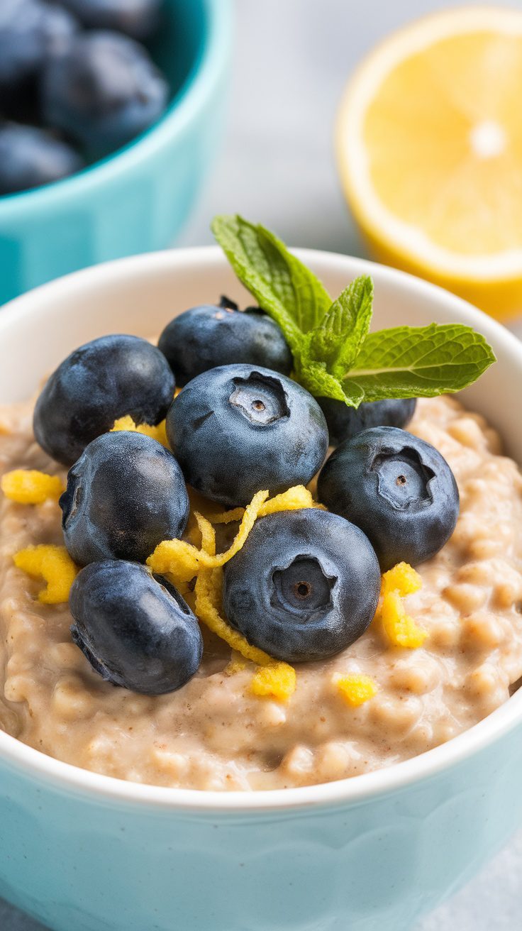 Bowl of lemon blueberry crockpot oatmeal topped with blueberries and lemon zest