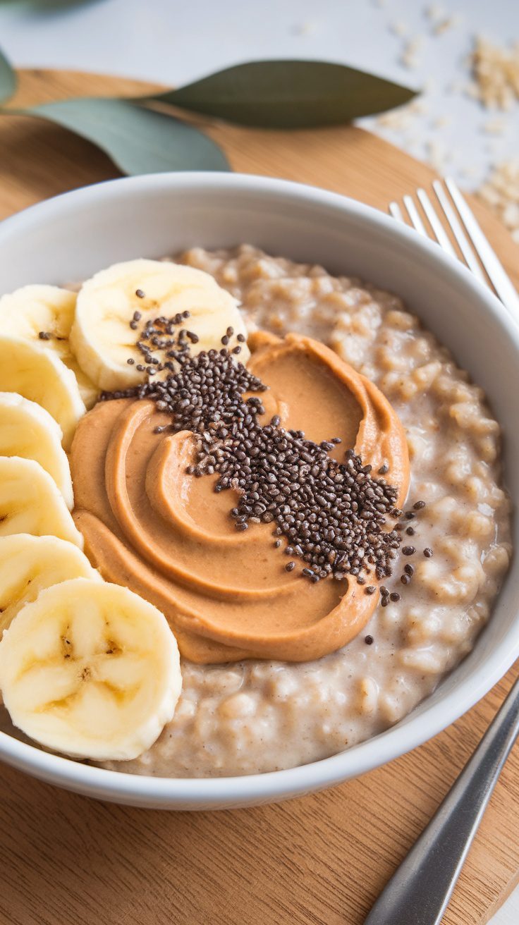 A bowl of peanut butter and banana crockpot oatmeal topped with sliced bananas and chia seeds.