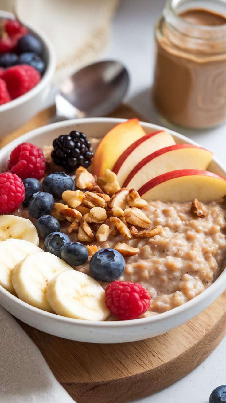 Bowl of oatmeal topped with fruits and nuts