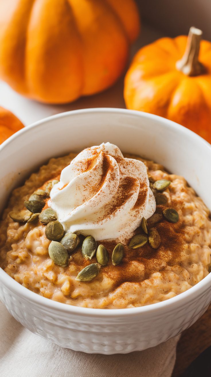 A bowl of pumpkin spice oatmeal topped with whipped cream and pumpkin seeds, with pumpkins in the background.