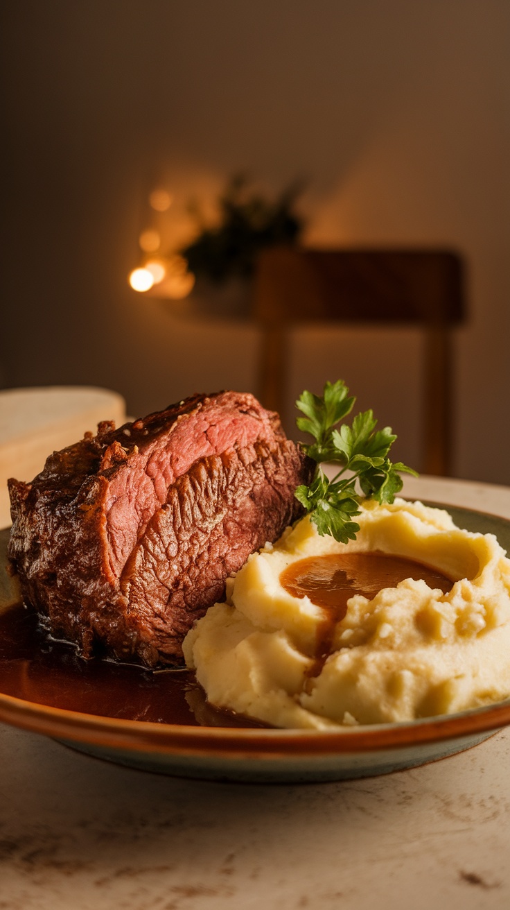 A plate of short ribs with mashed potatoes, garnished with parsley.