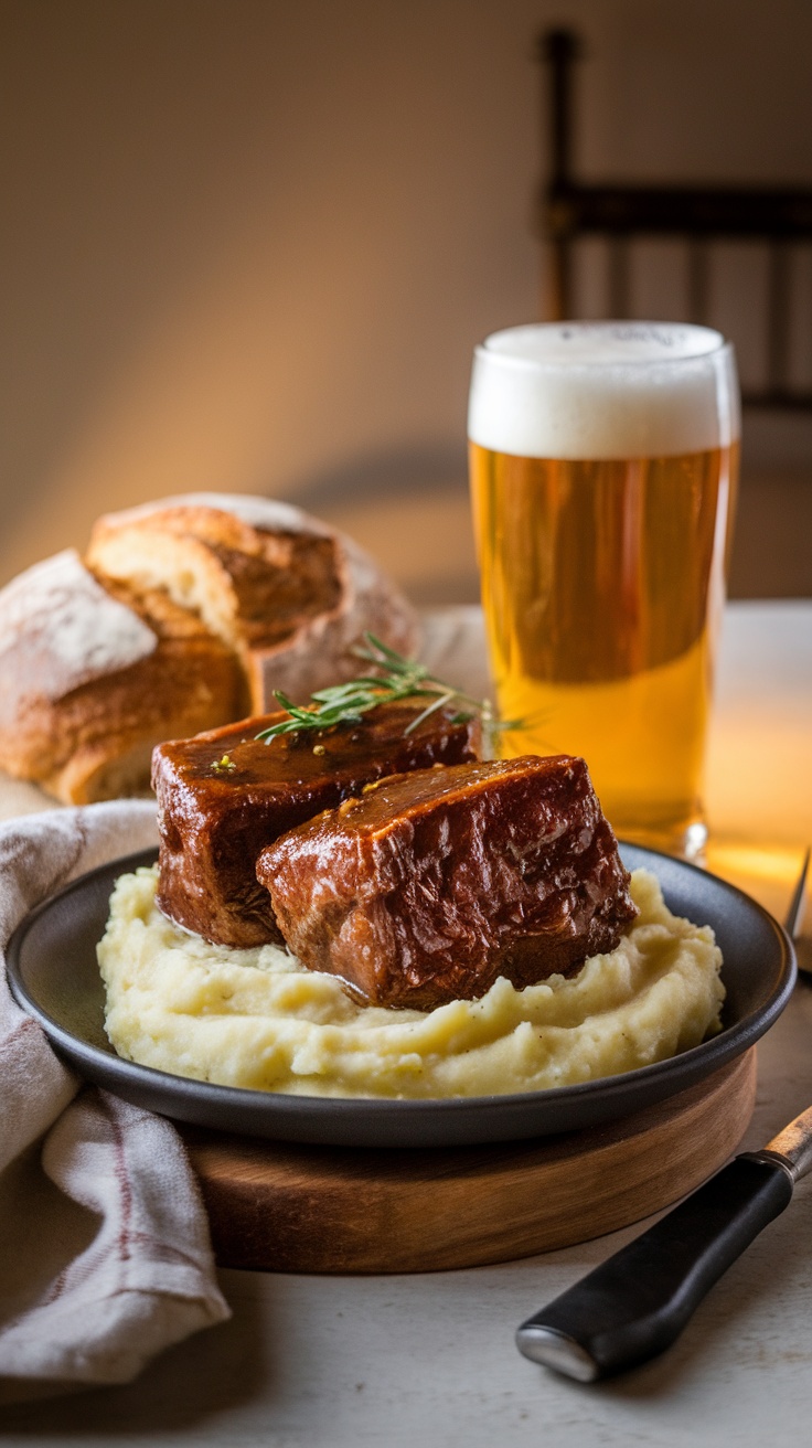 Beer braised short ribs on mashed potatoes with a glass of beer and bread