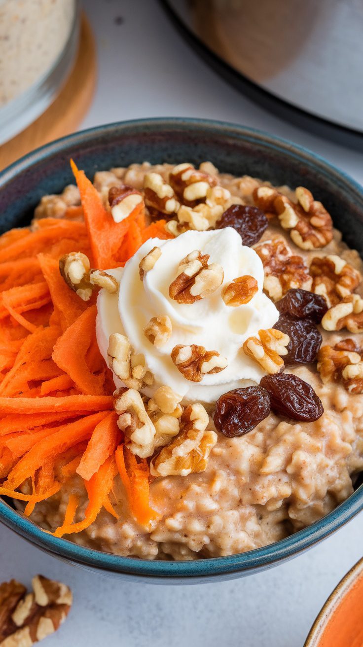 A bowl of carrot cake oatmeal topped with shredded carrots, walnuts, and whipped cream.