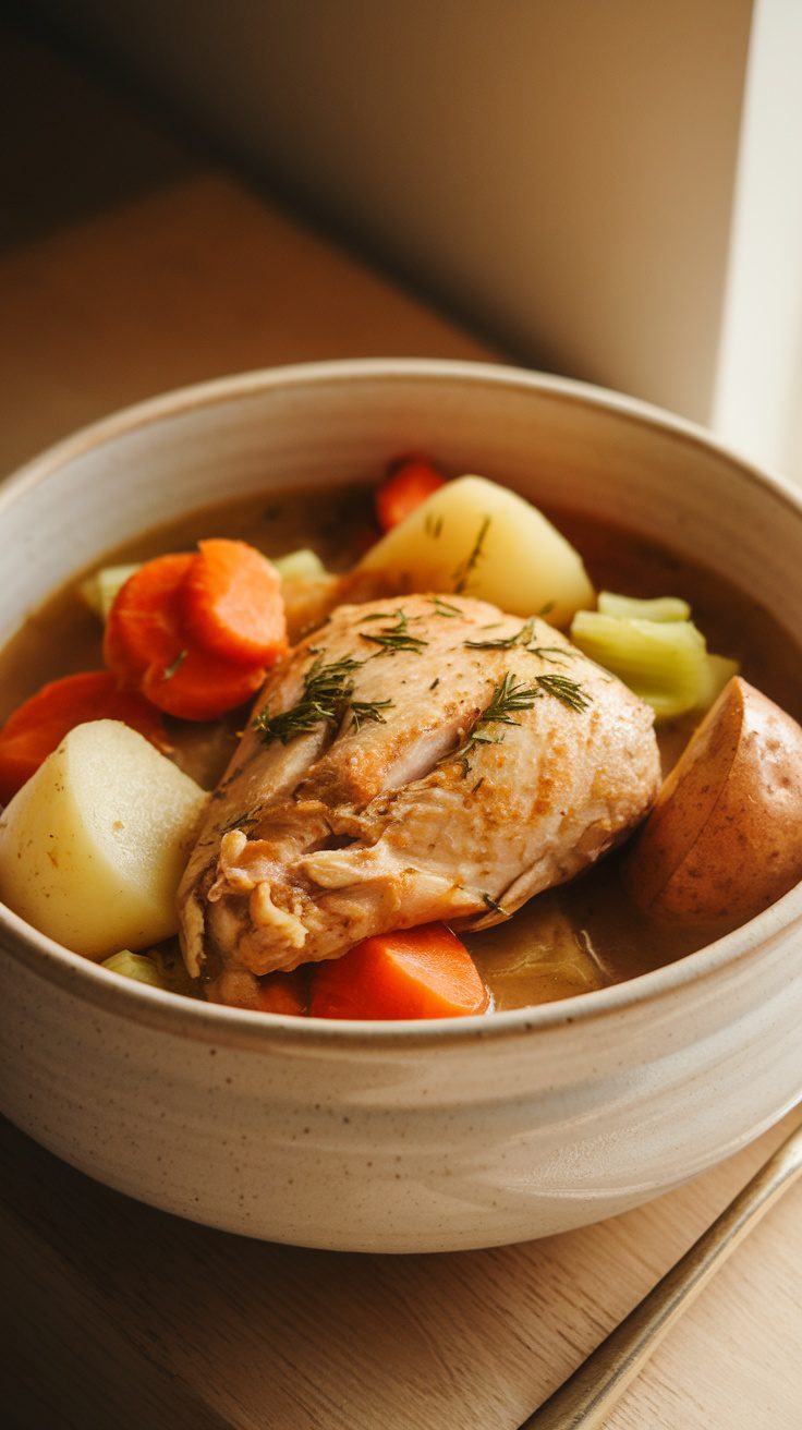 A bowl of chicken stew with carrots, potatoes, and celery.