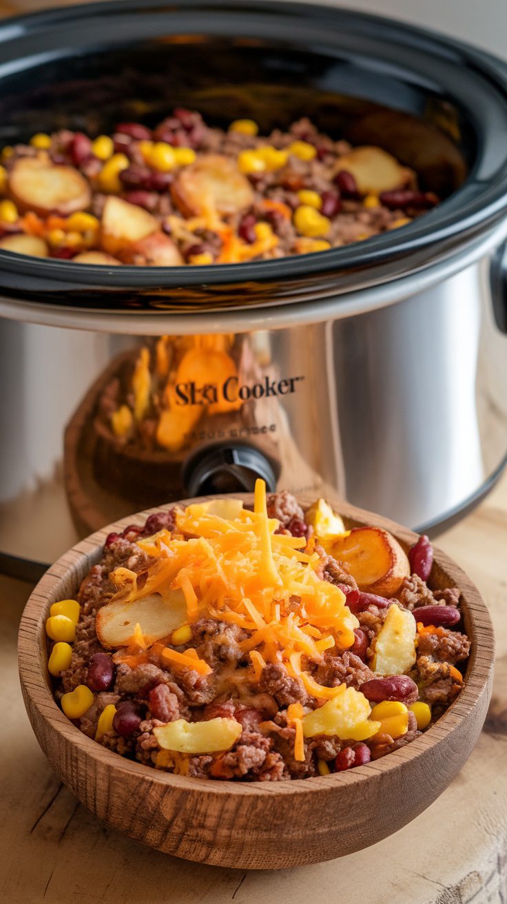 A bowl of Slow Cooker Cowboy Casserole topped with cheese, featuring ground beef, beans, corn, and potatoes.