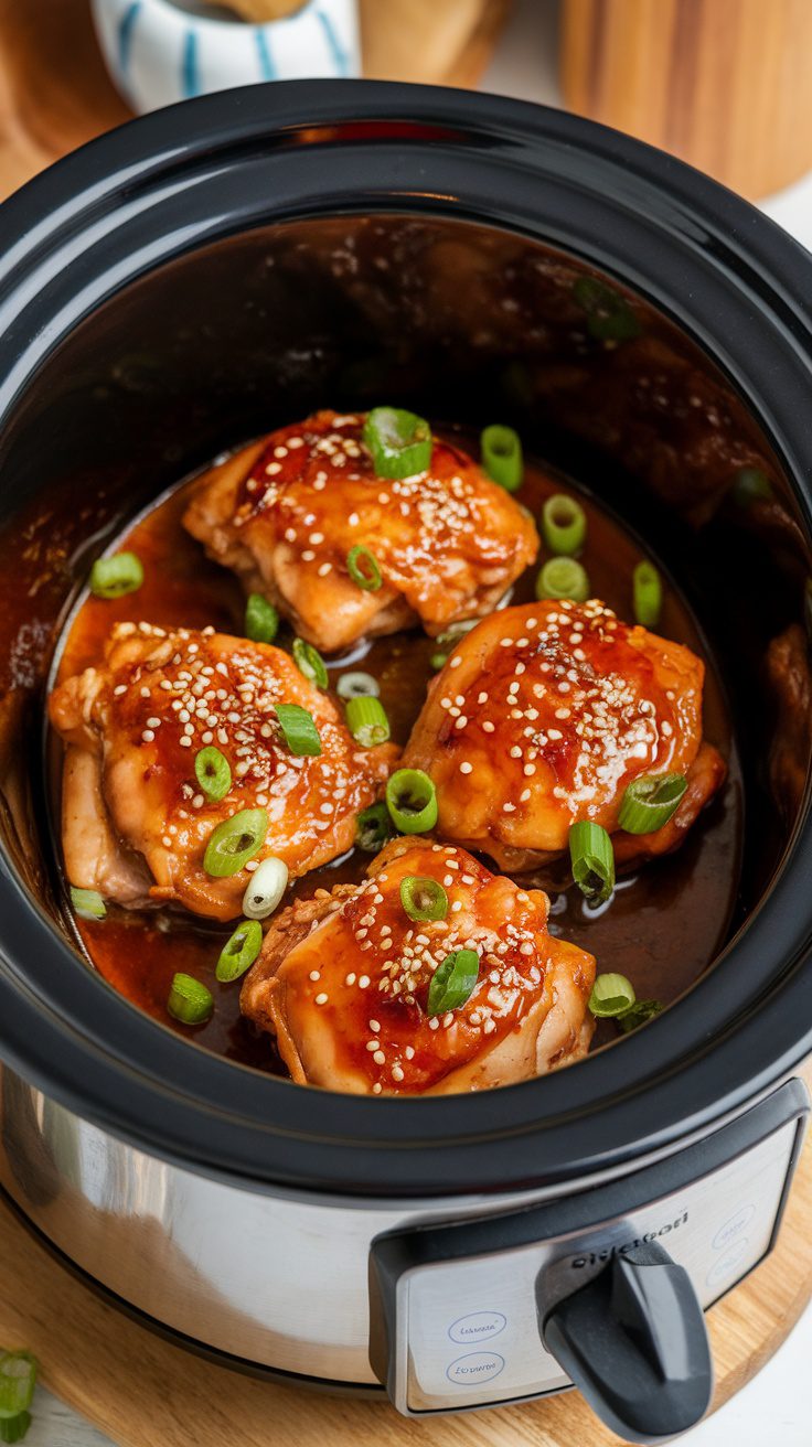 Slow Cooker Honey Garlic Chicken with sesame seeds and green onions