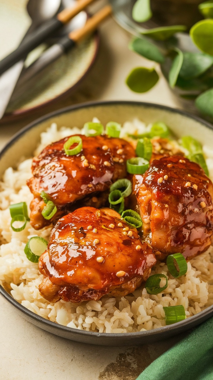 A bowl of honey garlic chicken on rice, garnished with green onions and sesame seeds.