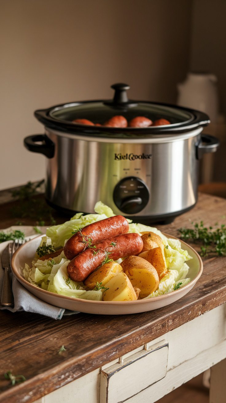 A plate of kielbasa, cabbage, and potatoes with a slow cooker in the background