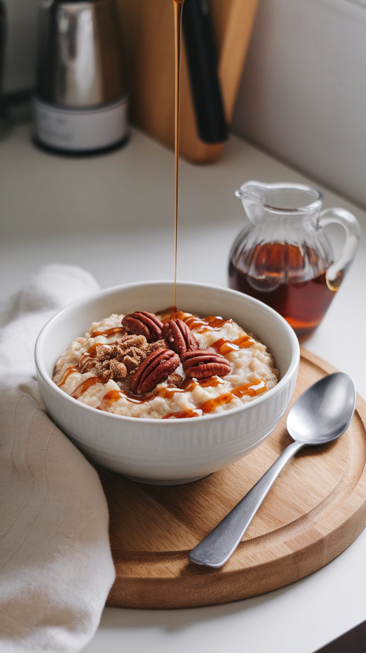 Bowl of oatmeal topped with maple syrup and pecans