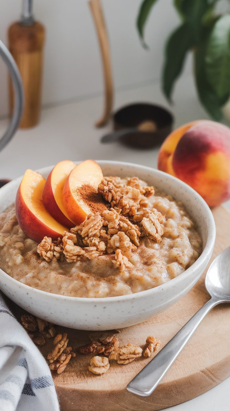 Bowl of peach cobbler oatmeal topped with peach slices and granola.