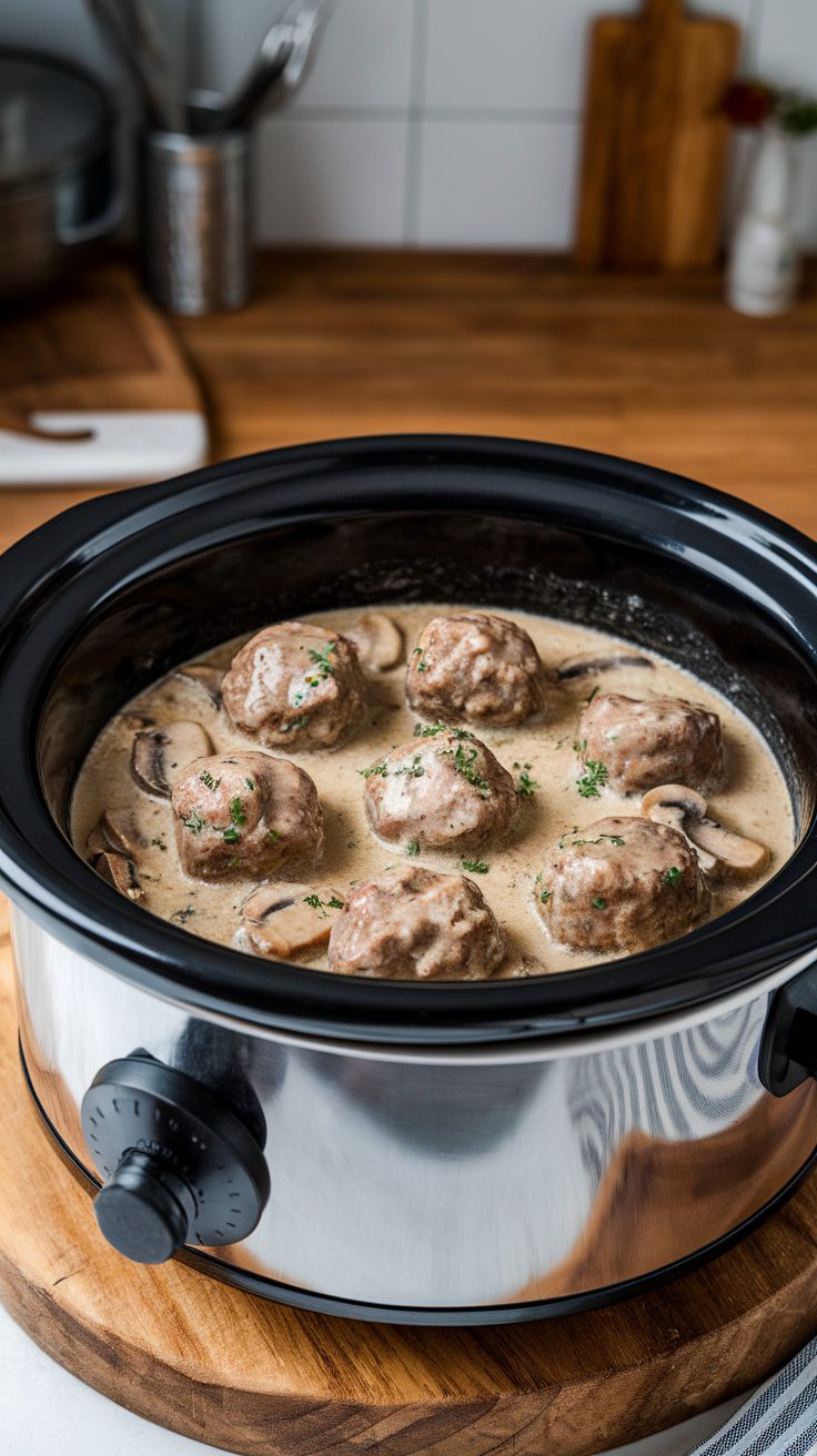 Slow cooker with Salisbury steak meatballs in creamy gravy