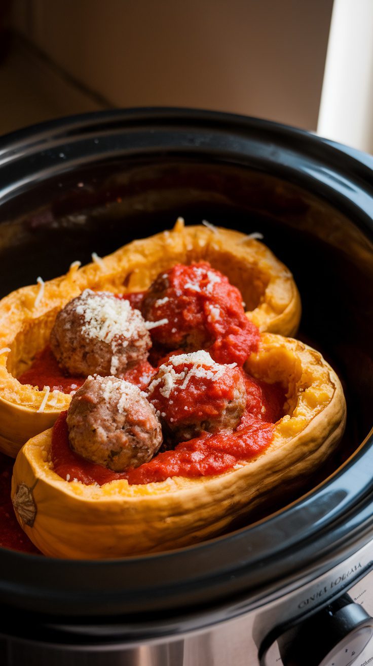 A slow cooker filled with spaghetti squash and turkey meatballs topped with marinara sauce.