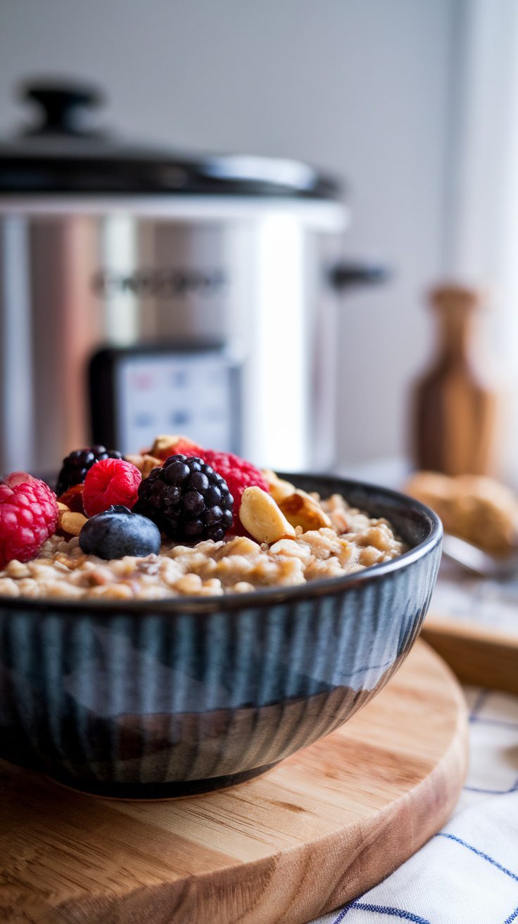 A bowl of creamy crockpot oatmeal topped with berries, with a slow cooker in the background.