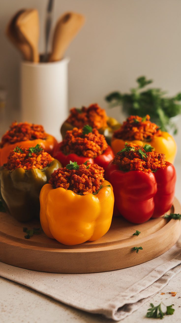 Colorful stuffed peppers filled with rice and meat on a wooden platter.