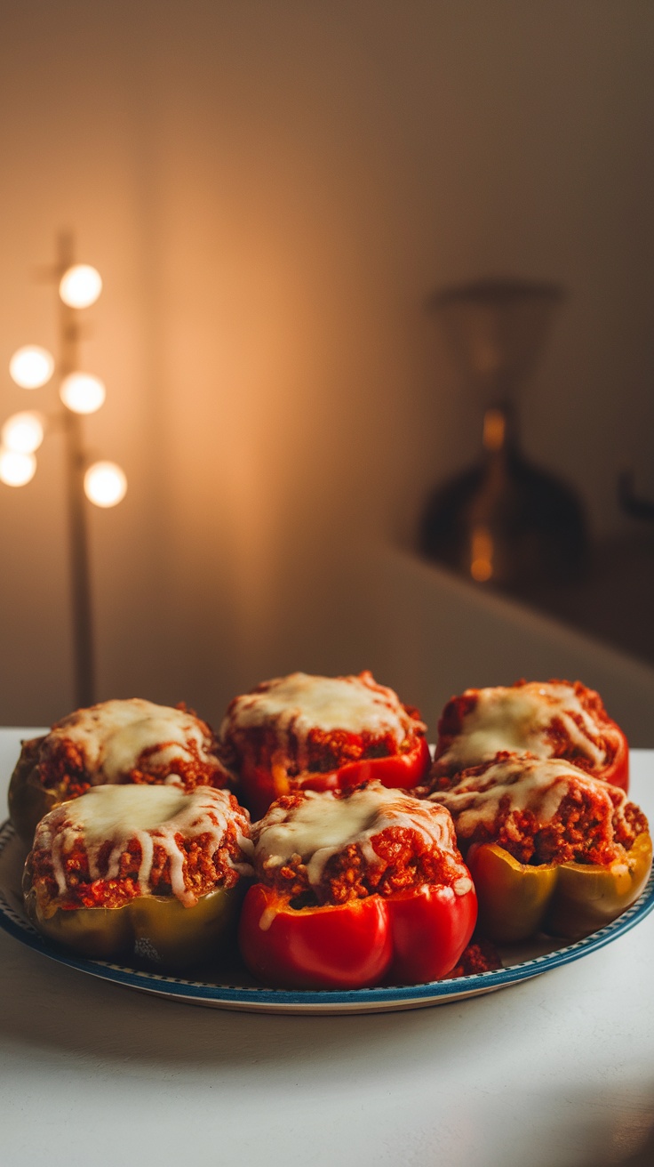 A plate of stuffed peppers, topped with melted cheese, in soft focus background.