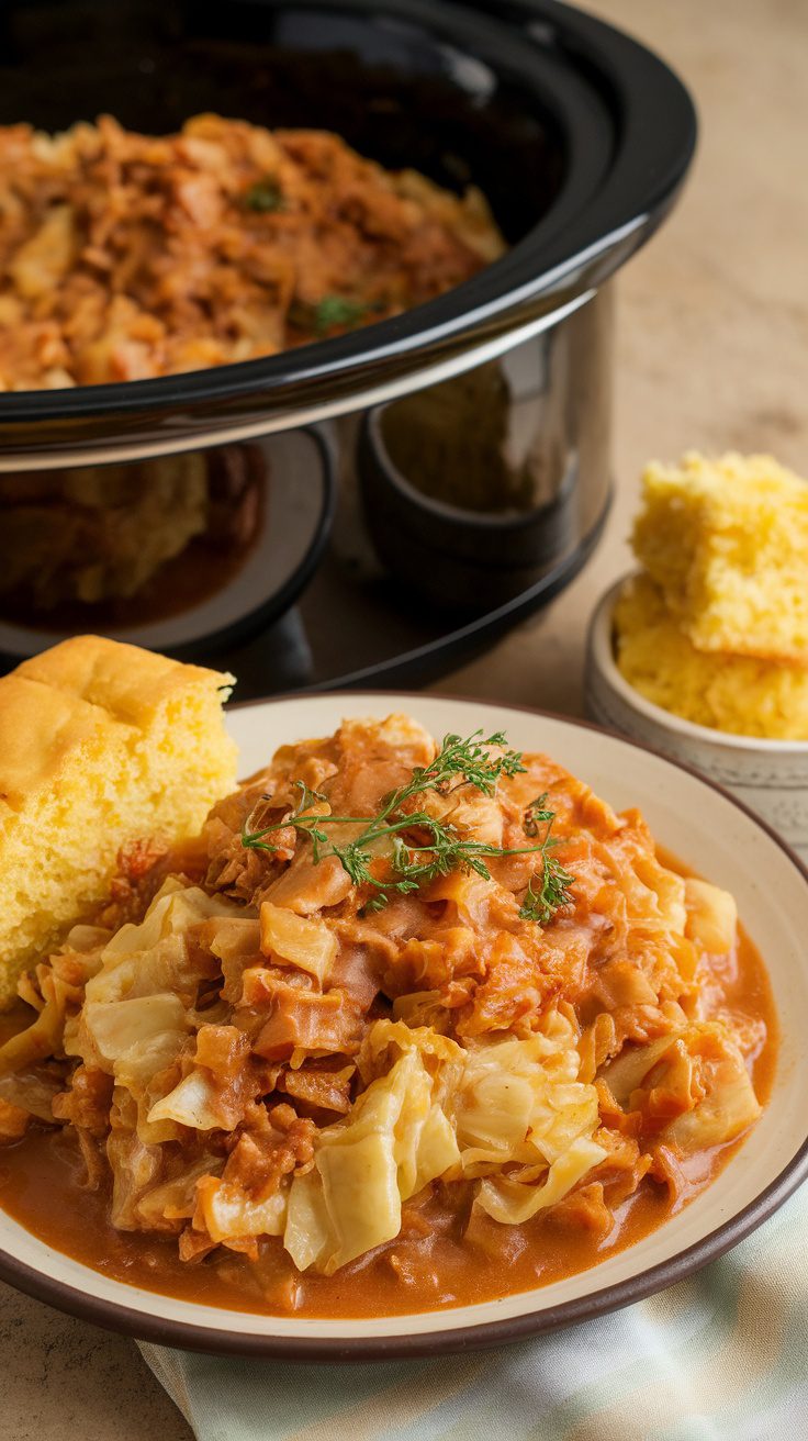 A serving of Southern Smothered Crockpot Cabbage with cornbread on the side.