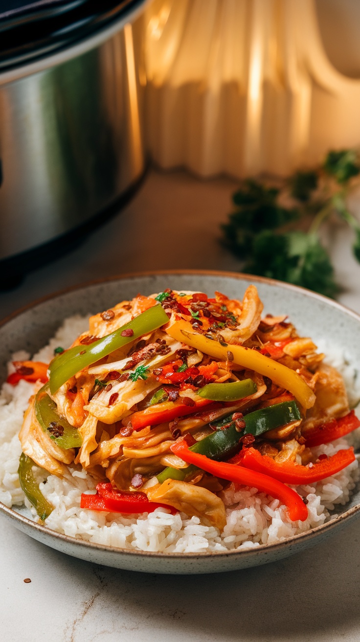 A bowl of Spicy Crockpot Cabbage Stir-Fry on a bed of rice, colorful vegetables, and chicken