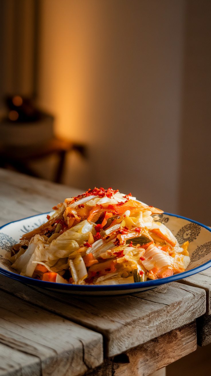 A plate of spicy crockpot cabbage stir fry with vibrant colors and textures.