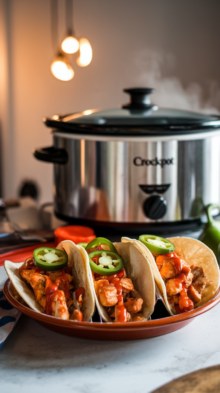 Delicious spicy crockpot chicken tacos with jalapeños, served with a crockpot in the background