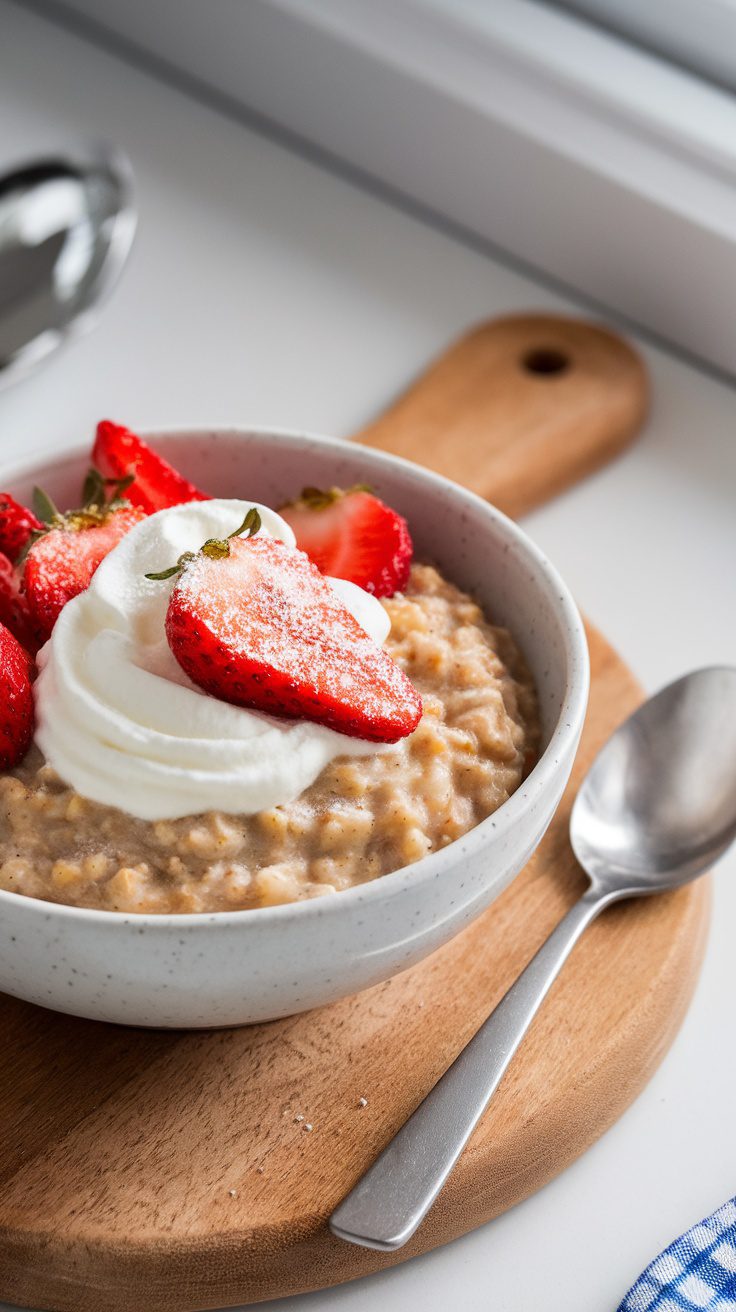 Bowl of strawberry and cream crockpot oatmeal topped with whipped cream and fresh strawberries.