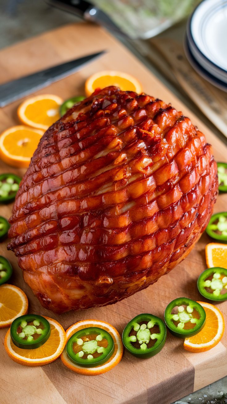 A beautifully glazed Sweet and Spicy Crockpot Ham with orange slices and jalapeños on a wooden cutting board.