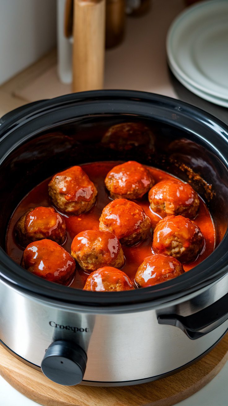 Crockpot with meatballs in sweet chili sauce