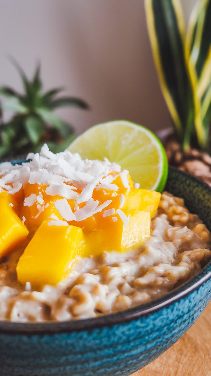 A bowl of tropical coconut mango crockpot oatmeal topped with fresh mango and coconut flakes.