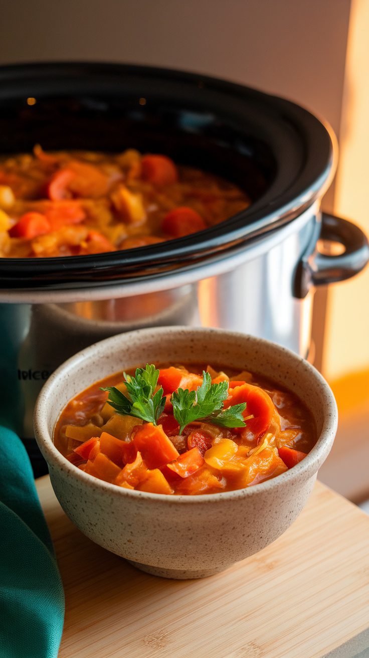 Bowl of vegan cabbage stew with colorful vegetables and parsley on top, next to a crockpot filled with the same stew.