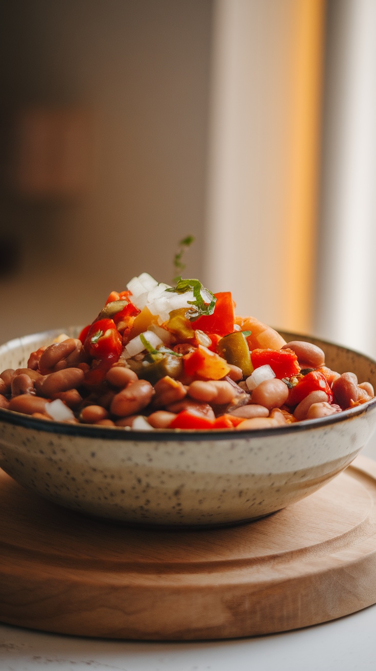 A bowl of healthy crockpot pinto beans topped with fresh vegetables.