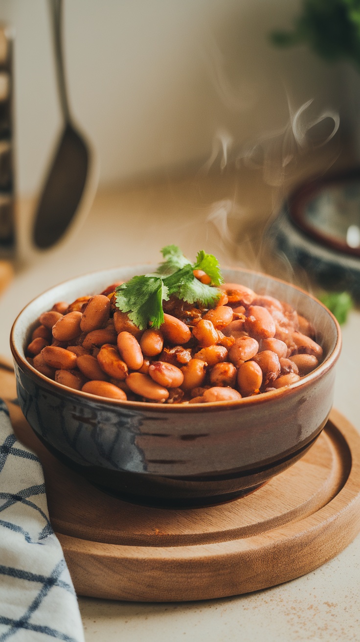 Bowl of steaming vegetarian pinto beans topped with cilantro