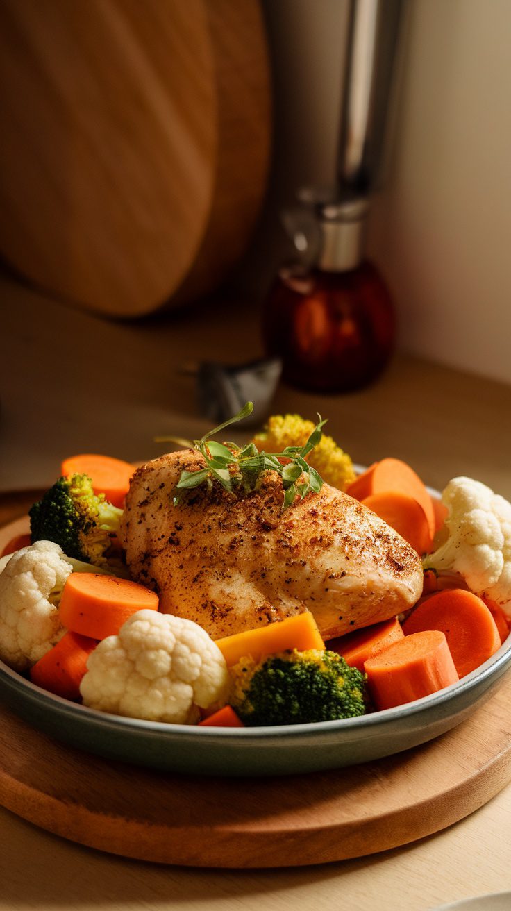 Plate of Whole30 crockpot chicken breast with vegetables