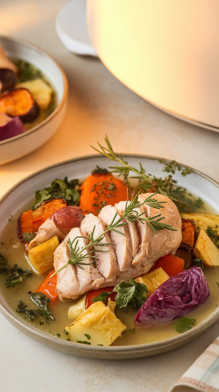 A plate of Whole30 crockpot chicken and vegetables with vibrant colors and fresh herbs