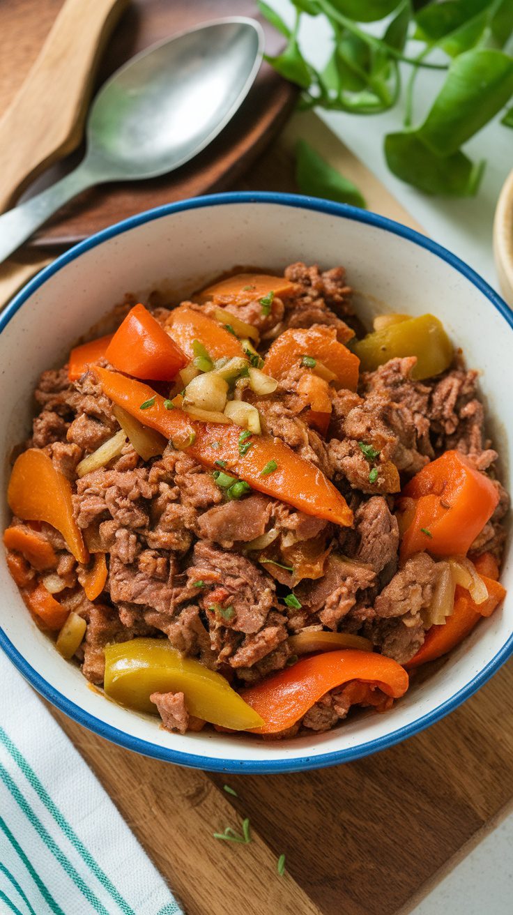 A bowl of ground beef with colorful vegetables