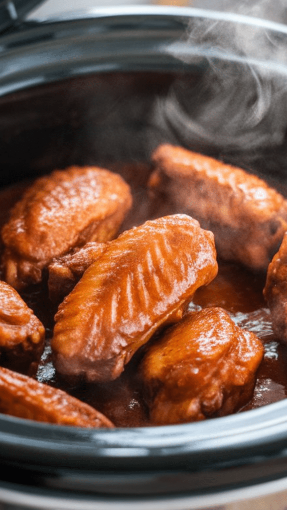 the slow cooker with the lid slightly lifted, showing the wings simmering in sauce