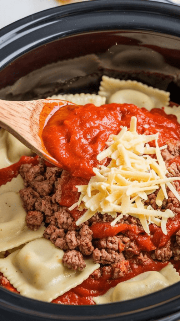 a slow cooker being filled with layers of ravioli, meat sauce, and cheese, with a wooden spoon spreading the sauce