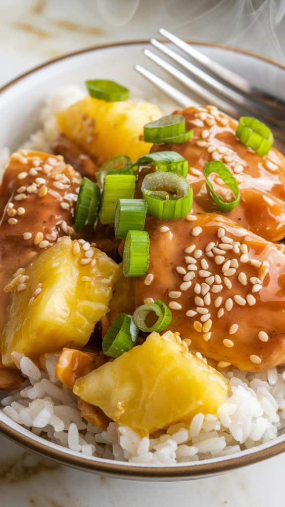 A bowl of Slow Cooker Hawaiian Pineapple Chicken served over white rice