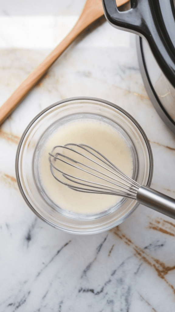 A small glass bowl with a whisk mixing water and cornstarch into a smooth slurry