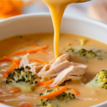 a ladle pouring thick, creamy Crockpot Chicken Broccoli Cheese Soup into a white ceramic bowl