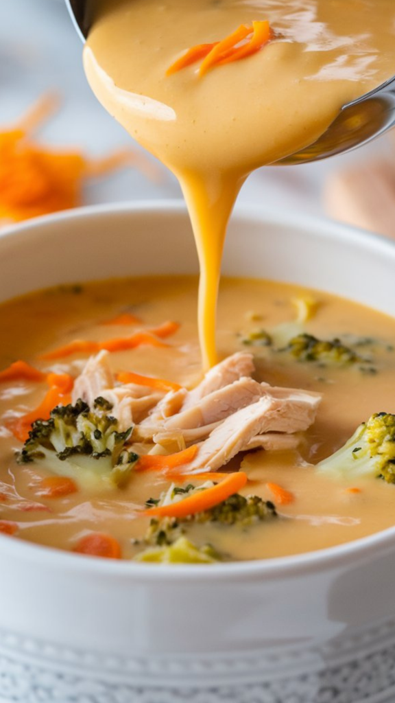 a ladle pouring thick, creamy Crockpot Chicken Broccoli Cheese Soup into a white ceramic bowl